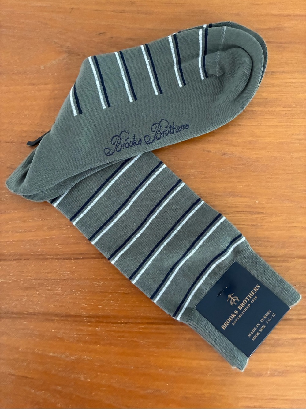 Brooks Brothers Olive Green Stripe Dress Socks with Navy & White